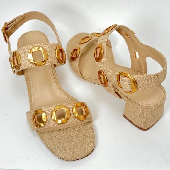 Larroudé Milan Block Heel Sandals Beige Women Brazil Raffia Sandals Size 6.5 - Picture 1 of 12